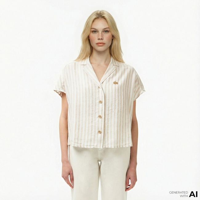  Lacoste Kadın Regular Fit Kısa Kollu Çizgili Keten Bej Gömlek