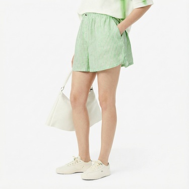  Lacoste Kadın Loose Fit Çizgili Keten Yeşil Şort