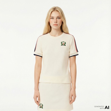  Lacoste Kadın Slim Fit Bisiklet Yaka Renk Bloklu Krem T-Shirt