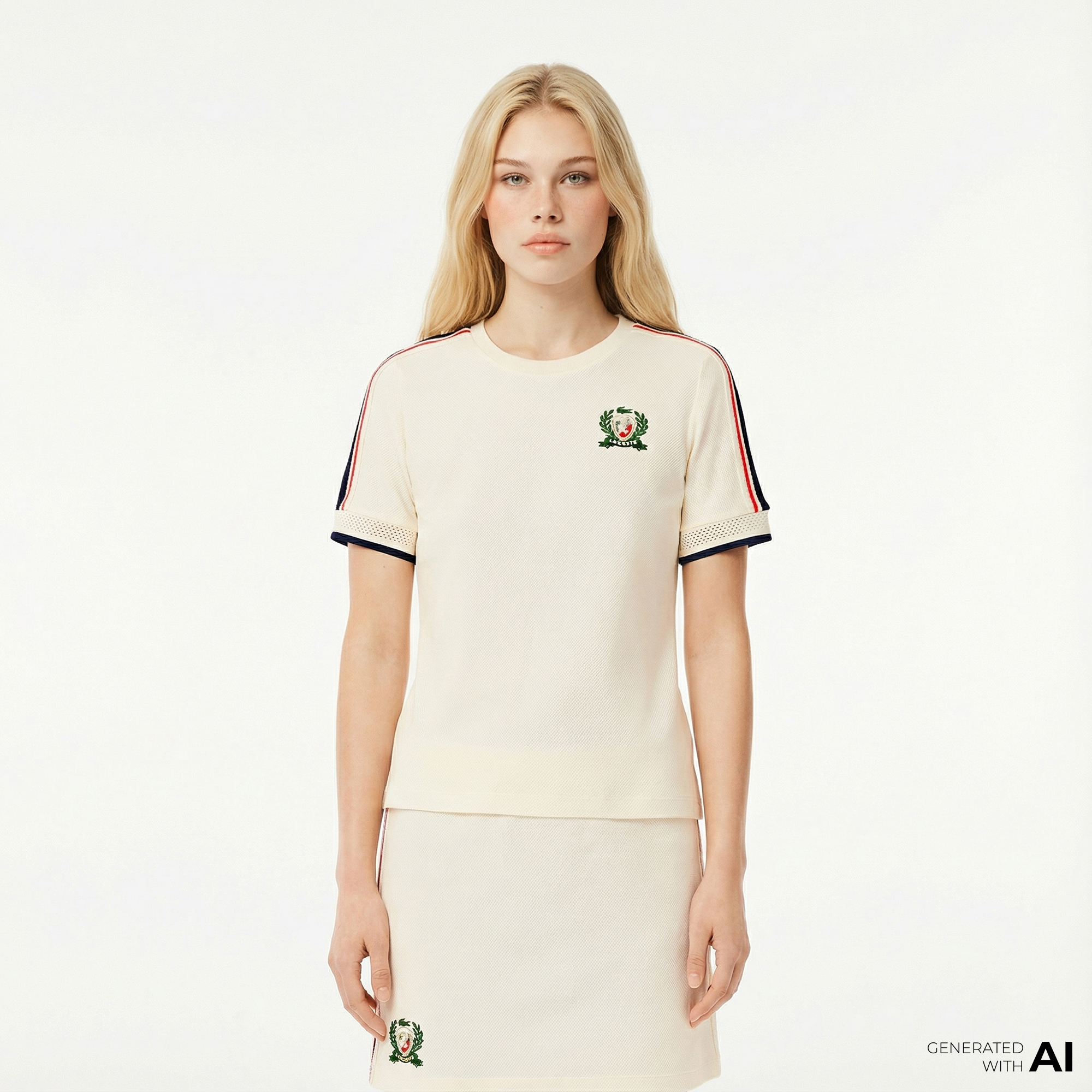  Lacoste Kadın Slim Fit Bisiklet Yaka Renk Bloklu Krem T-Shirt