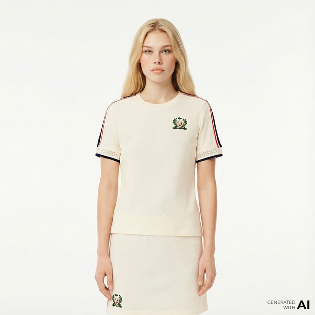  Lacoste Kadın Slim Fit Bisiklet Yaka Renk Bloklu Krem T-Shirt