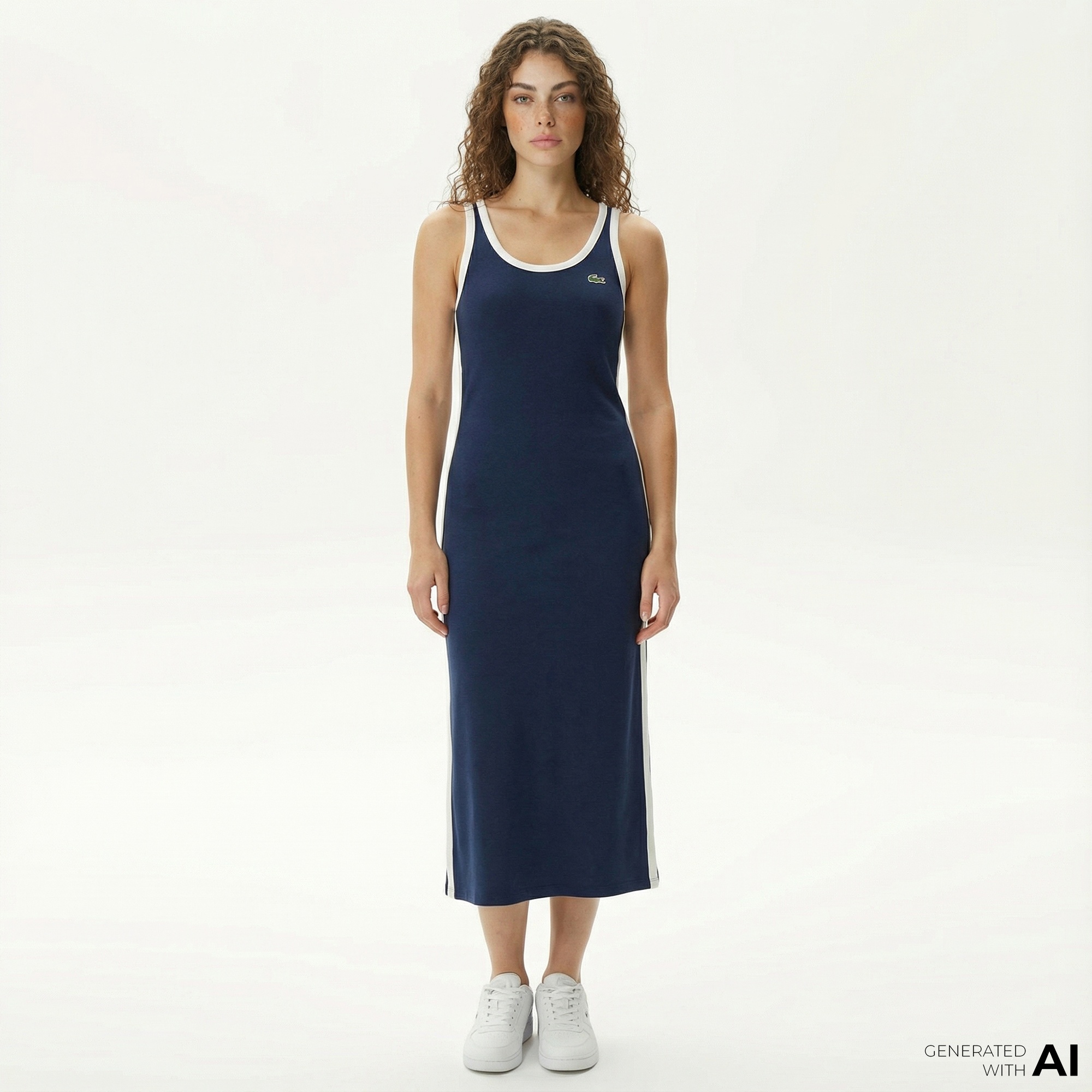 Lacoste Kadın Slim Fit Kolsuz Bisiklet Yaka Renk Bloklu Lacivert Elbise