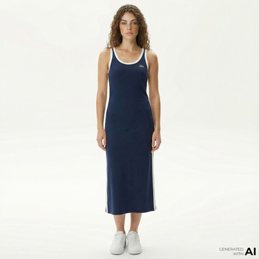  Lacoste Kadın Slim Fit Kolsuz Bisiklet Yaka Renk Bloklu Lacivert Elbise