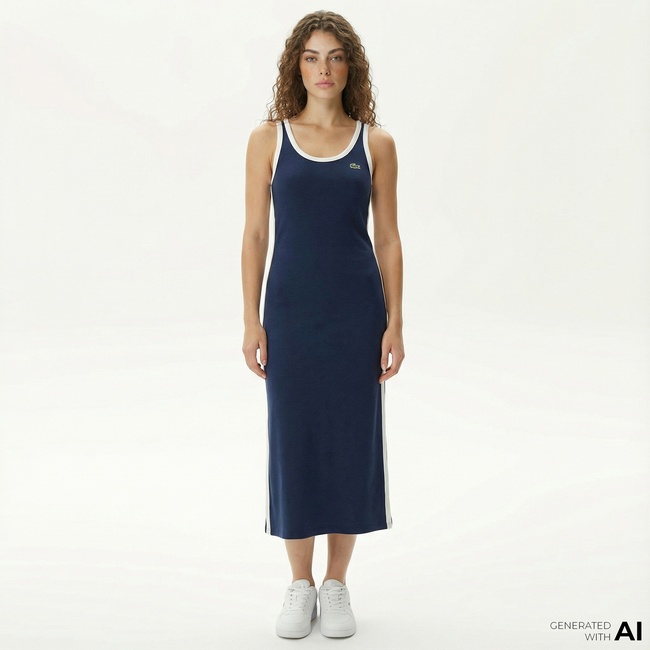  Lacoste Kadın Slim Fit Kolsuz Bisiklet Yaka Renk Bloklu Lacivert Elbise