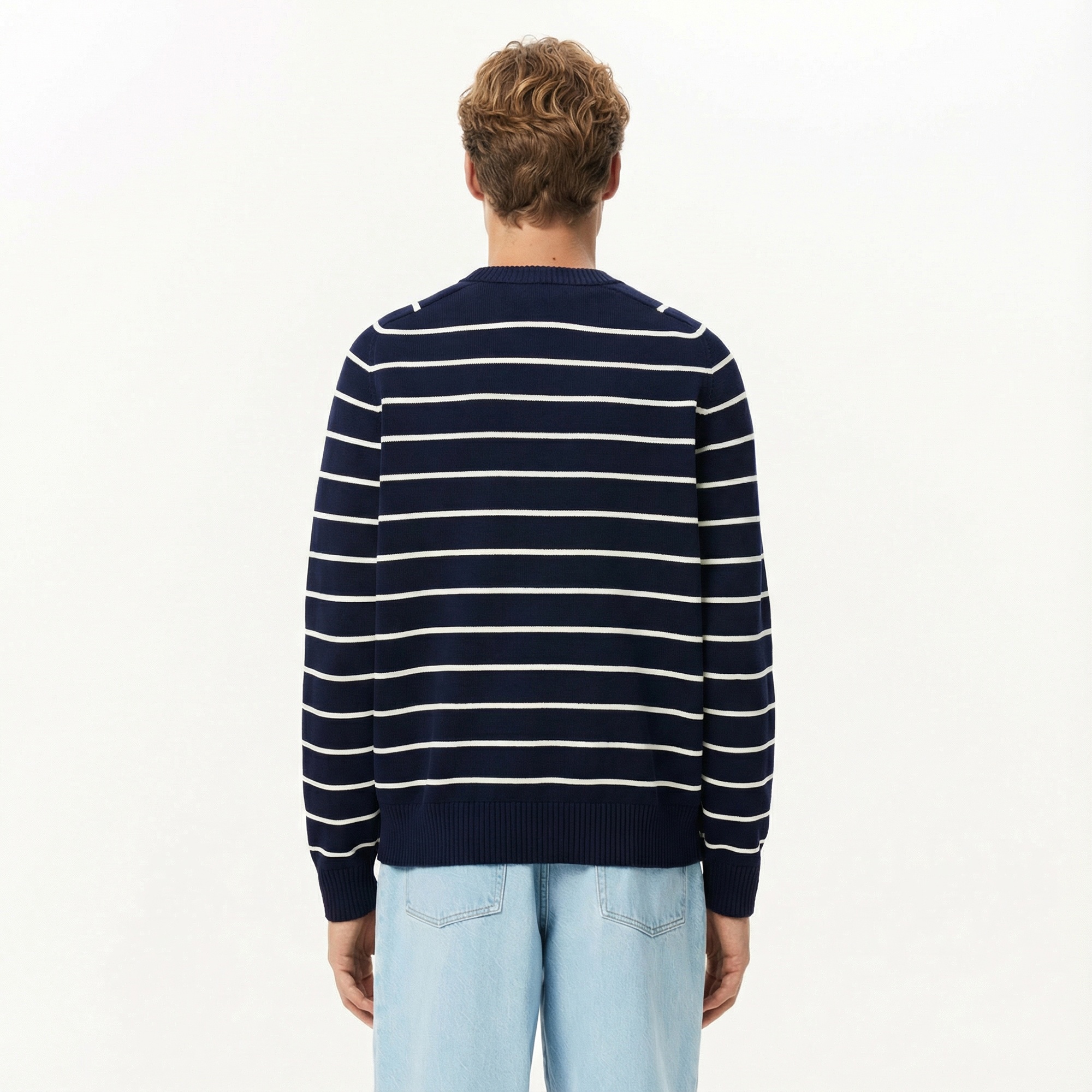 Lacoste Erkek Classic Fit Bisiklet Yaka Çizgili Lacivert Kazak