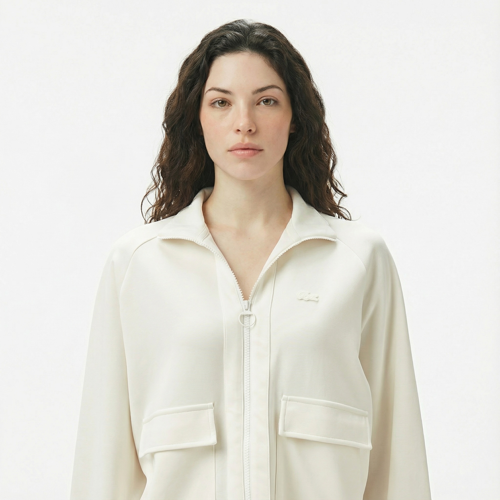 Lacoste Kadın Loose Fit Fermuarlı Beyaz Sweatshirt