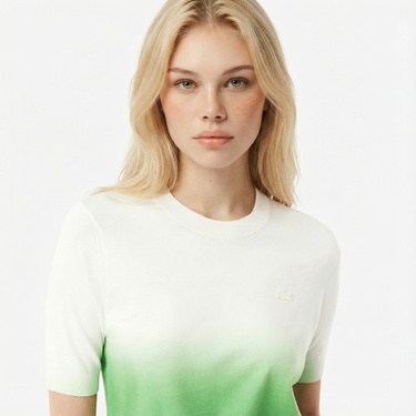  Lacoste Kadın Classic Fit Kısa Kollu Bisiklet Yaka Renk Bloklu Yeşil Triko