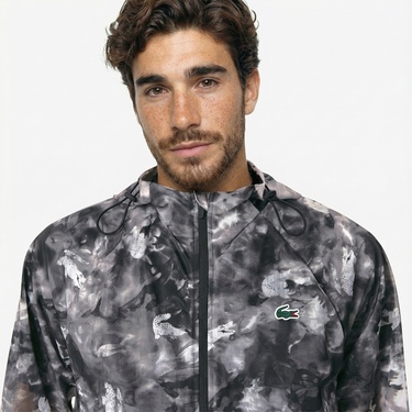  Lacoste Erkek Kapüşonlu Baskılı Siyah Ceket