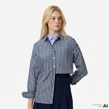  Lacoste Kadın Oversize Fit Düğmesiz Yaka Çizgili Lacivert Gömlek