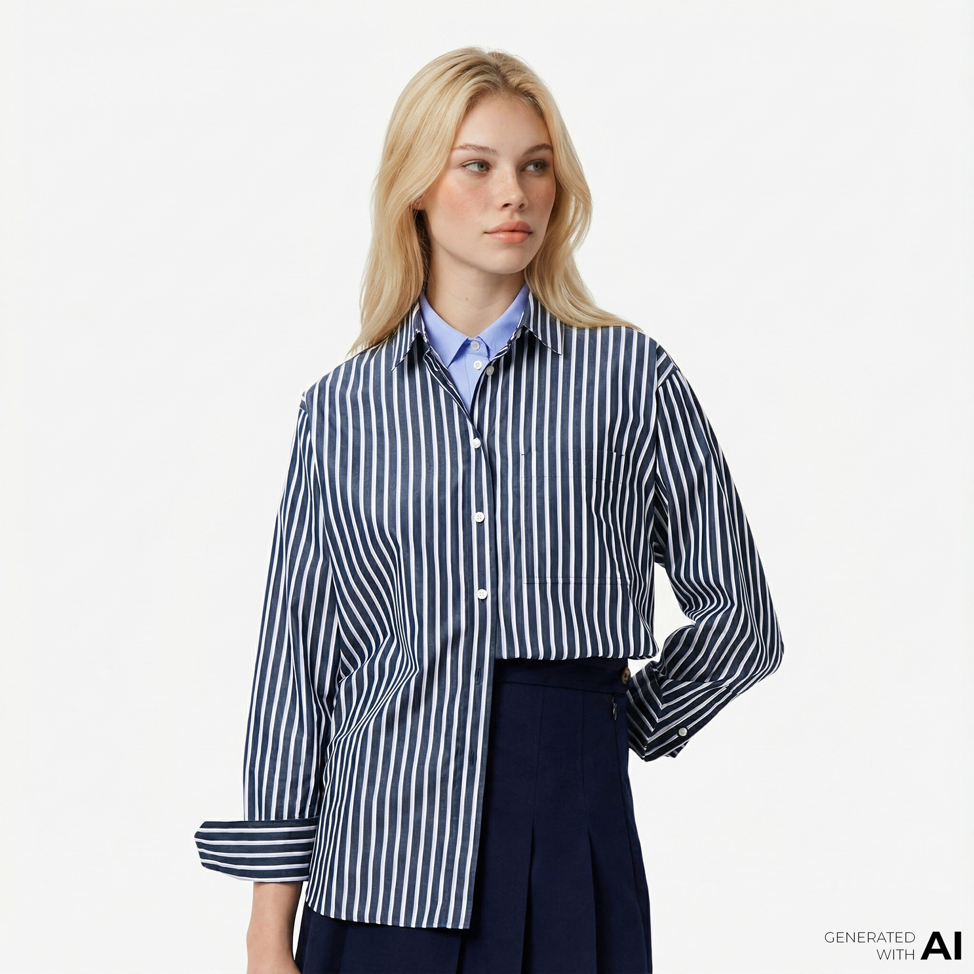  Lacoste Kadın Oversize Fit Düğmesiz Yaka Çizgili Lacivert Gömlek