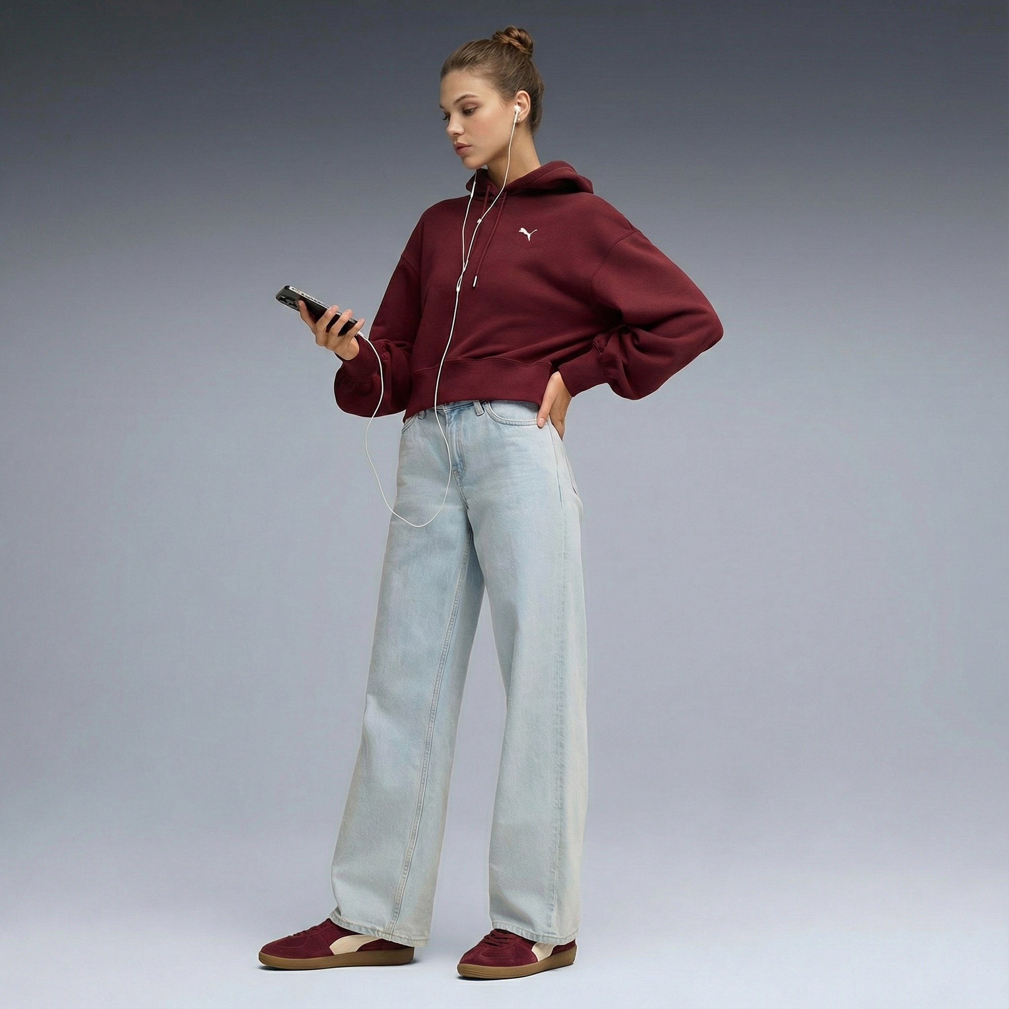 Puma Wardrobe Essential Relaxed Cropped  Kadın Bordo Sweatshirt