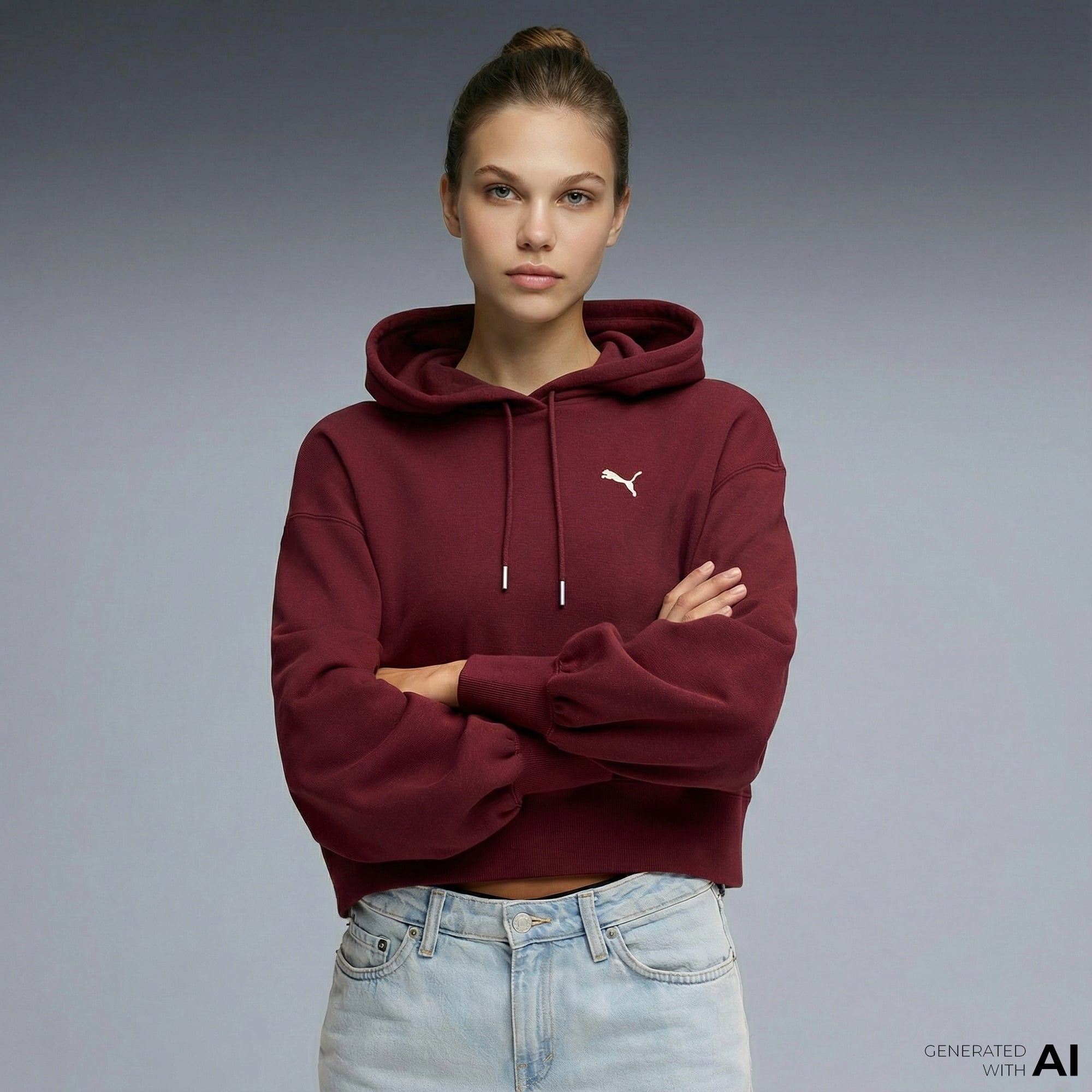 Puma Wardrobe Essential Relaxed Cropped  Kadın Bordo Sweatshirt