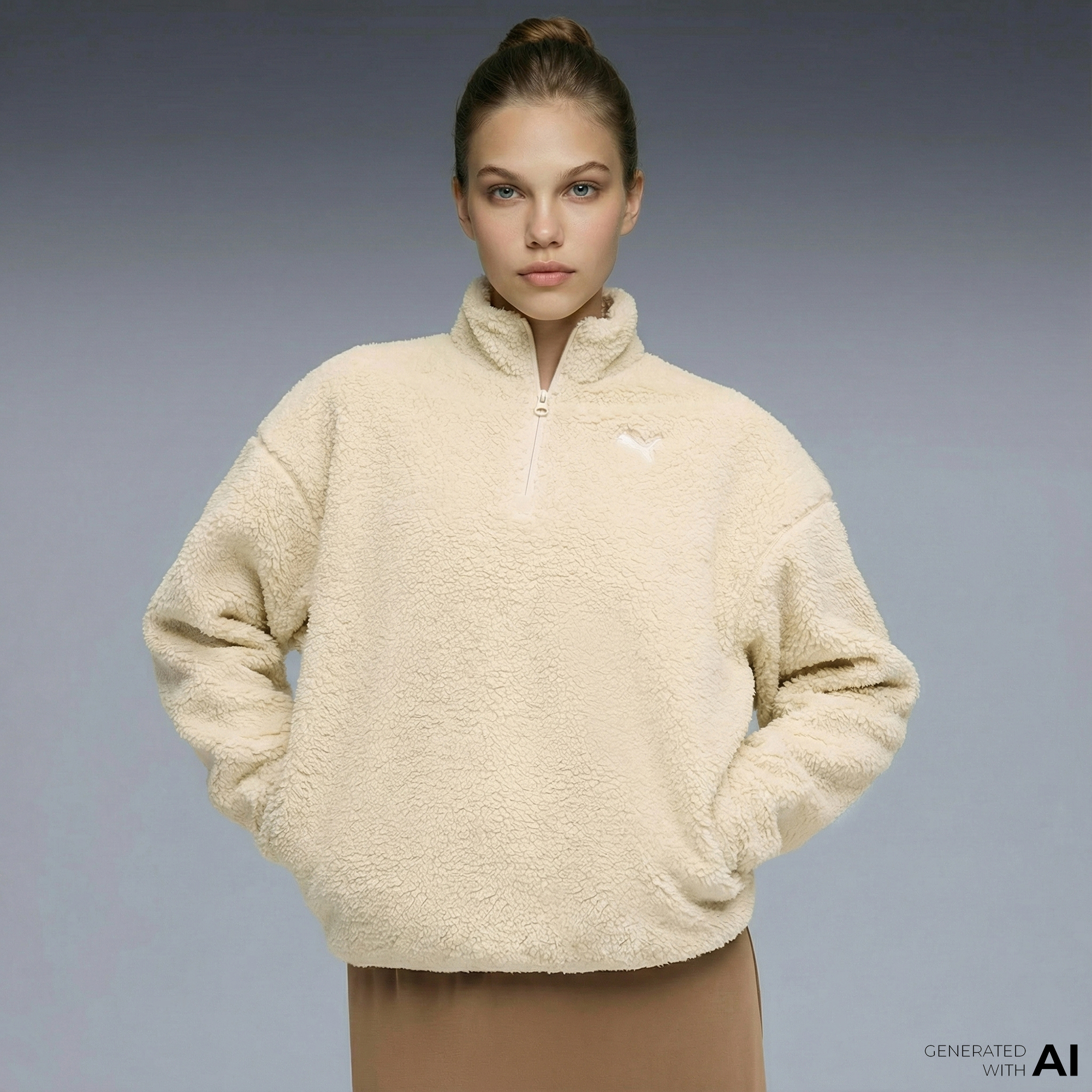  Puma Essential Elevated Half-Zip Crew Kadın Krem Rengi Sweatshirt