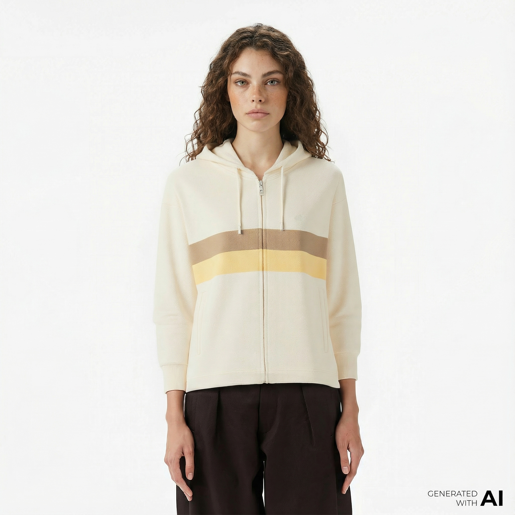  Lacoste Kadın Relaxed Fit Kapüşonlu Renk Bloklu Krem Sweatshirt