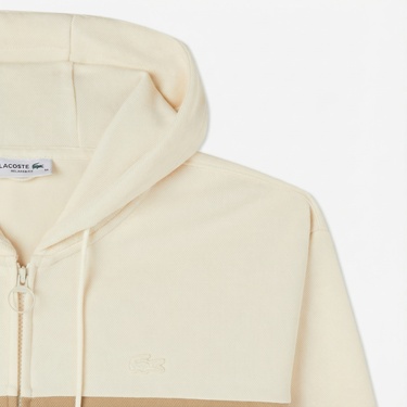 Lacoste Kadın Relaxed Fit Kapüşonlu Renk Bloklu Krem Sweatshirt