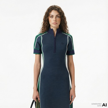  Lacoste Kadın Classic Fit Kısa Kollu Yarım Fermuarlı Renk Bloklu Lacivert Elbise