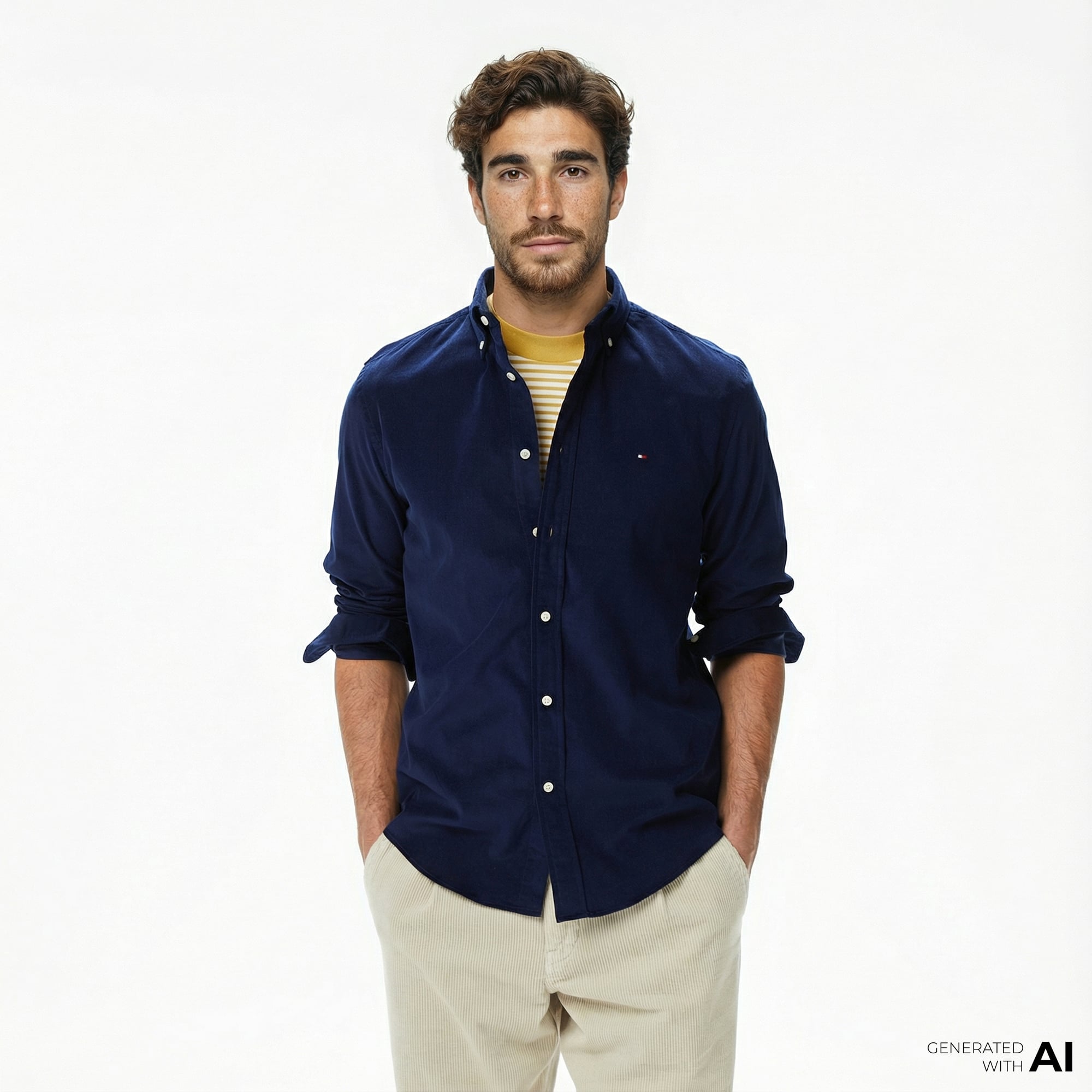  Tommy Hilfiger Solid Corduroy Erkek Mavi Gömlek