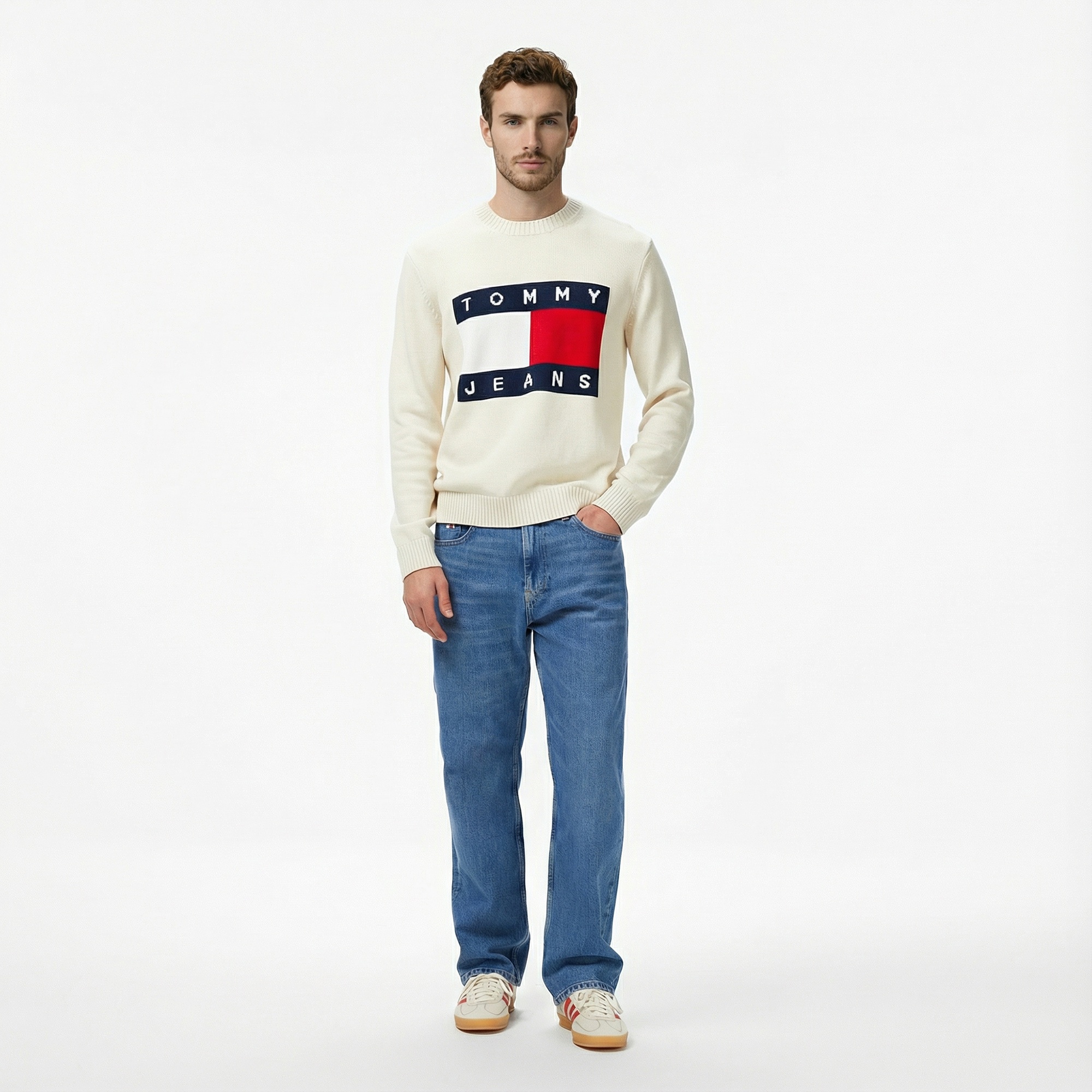 Tommy Jeans Regular Melange Flag Erkek Bej Kazak