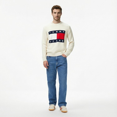  Tommy Jeans Regular Melange Flag Erkek Bej Kazak