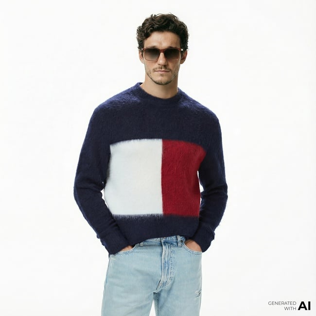  Tommy Hilfiger Alpaca Blend Big Flag Yuvarlak Yaka Erkek Lacivert Kazak