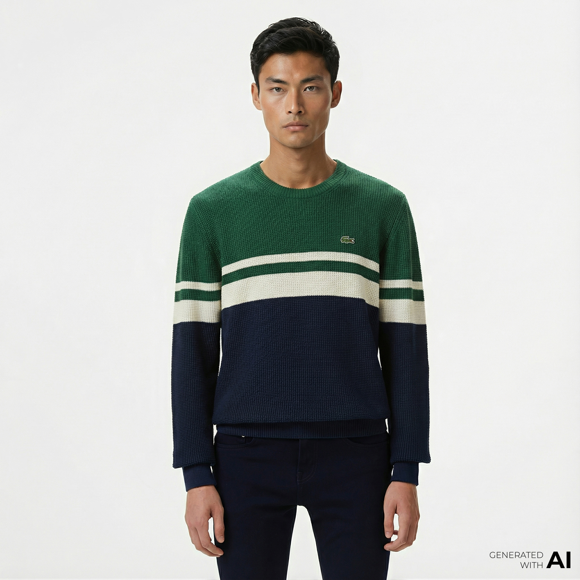  Lacoste Erkek Classic Fit Bisiklet Yaka Renk Bloklu Lacivert Kazak