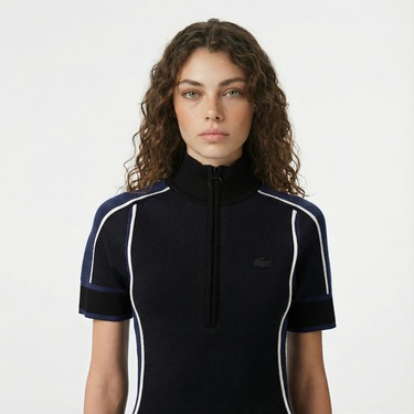  Lacoste Kadın Classic Fit Kısa Kollu Yarım Fermuarlı Renk Bloklu Siyah Elbise