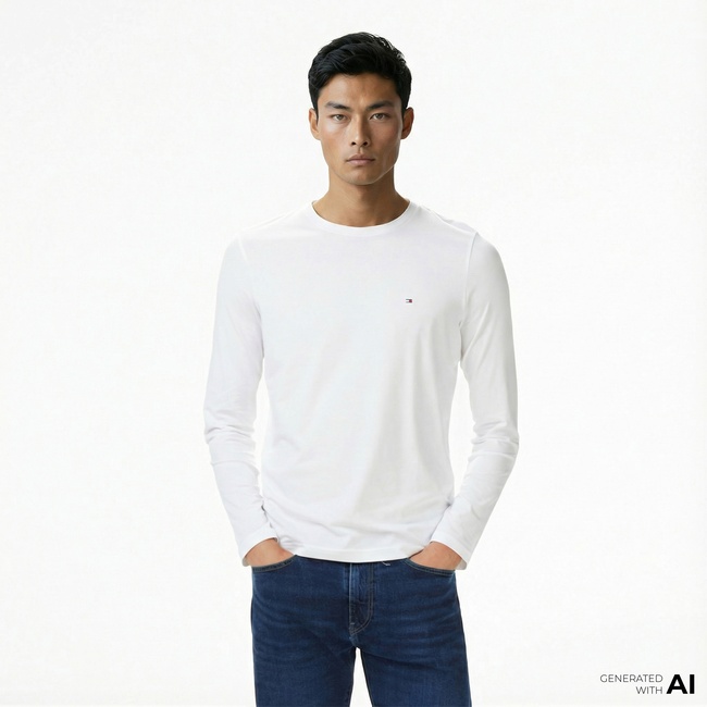  Tommy Hilfiger Stretch Slim Fit Erkek Uzun Kollu Beyaz Sweatshirt