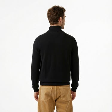  Tommy Hilfiger Essential Cotton Mock Erkek Yarım Fermuarlı Triko Siyah Kazak