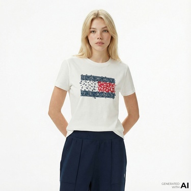  Tommy Jeans Regular Floral Flag Kadın Beyaz T-Shirt