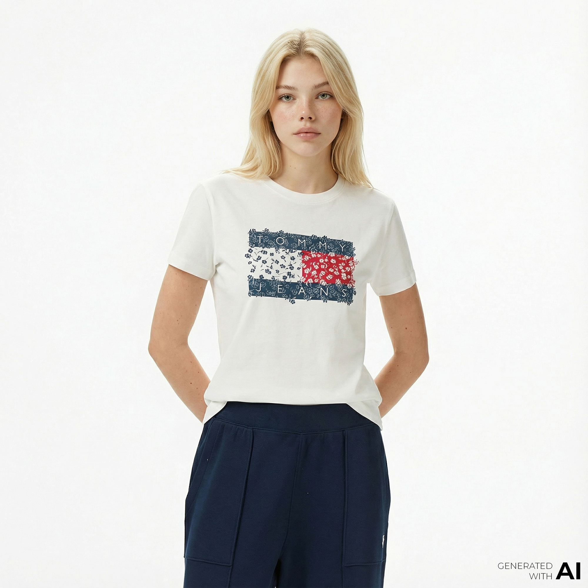  Tommy Jeans Regular Floral Flag Kadın Beyaz T-Shirt