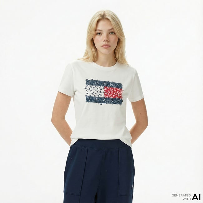  Tommy Jeans Regular Floral Flag Kadın Beyaz T-Shirt