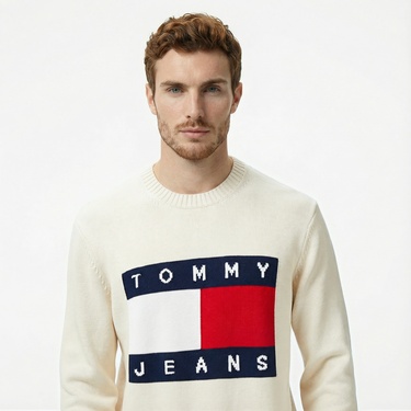  Tommy Jeans Regular Melange Flag Erkek Bej Kazak
