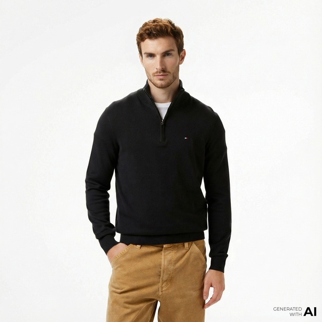  Tommy Hilfiger Essential Cotton Mock Erkek Yarım Fermuarlı Triko Siyah Kazak