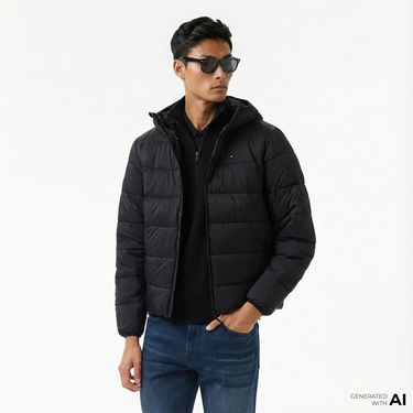  Tommy Hilfiger Mid Weight Erkek Siyah Puffer Mont