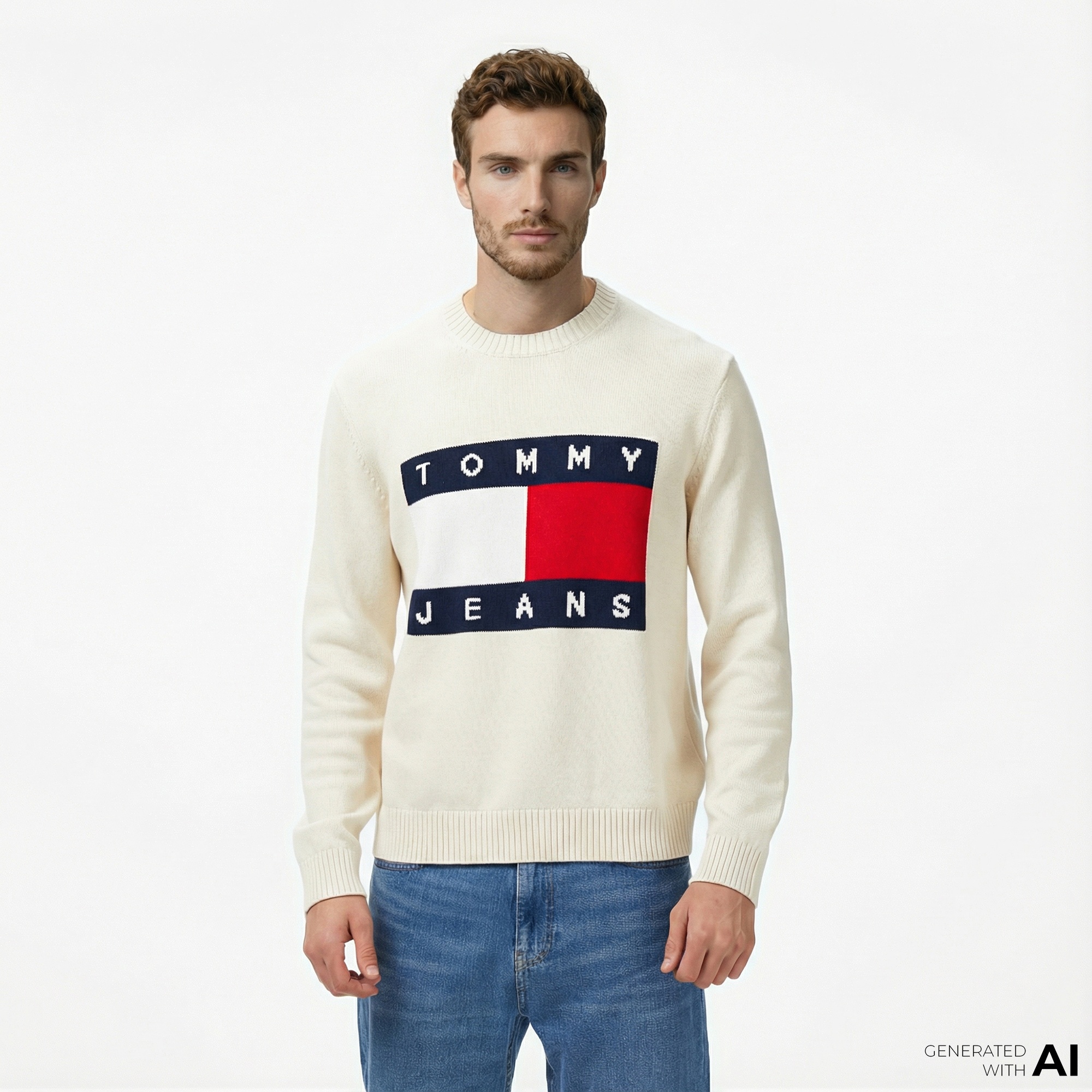 Tommy Jeans Regular Melange Flag Erkek Bej Kazak