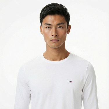  Tommy Hilfiger Stretch Slim Fit Erkek Uzun Kollu Beyaz Sweatshirt