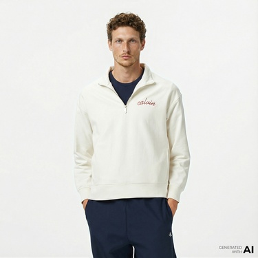  Calvin Klein Premium Terry Chain Stitch Erkek Beyaz Sweatshirt