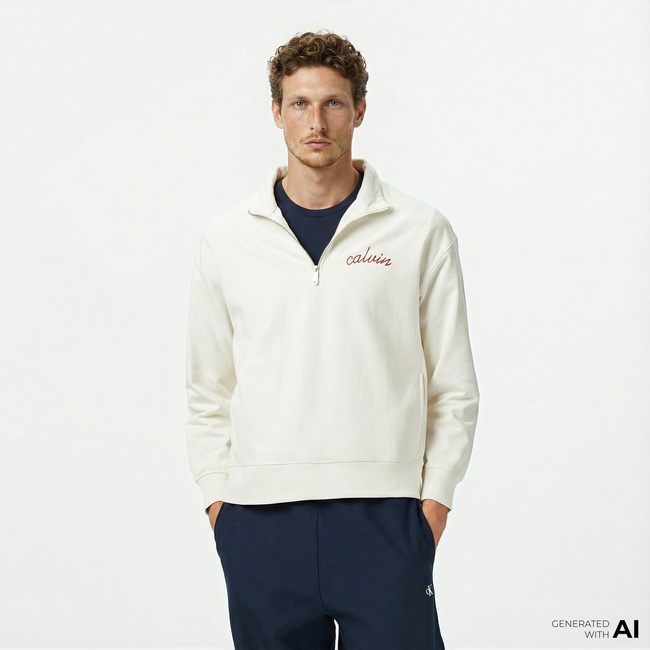  Calvin Klein Premium Terry Chain Stitch Erkek Beyaz Sweatshirt