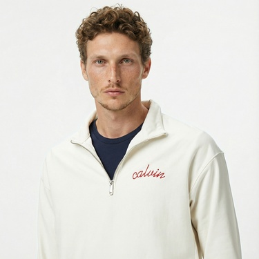  Calvin Klein Premium Terry Chain Stitch Erkek Beyaz Sweatshirt