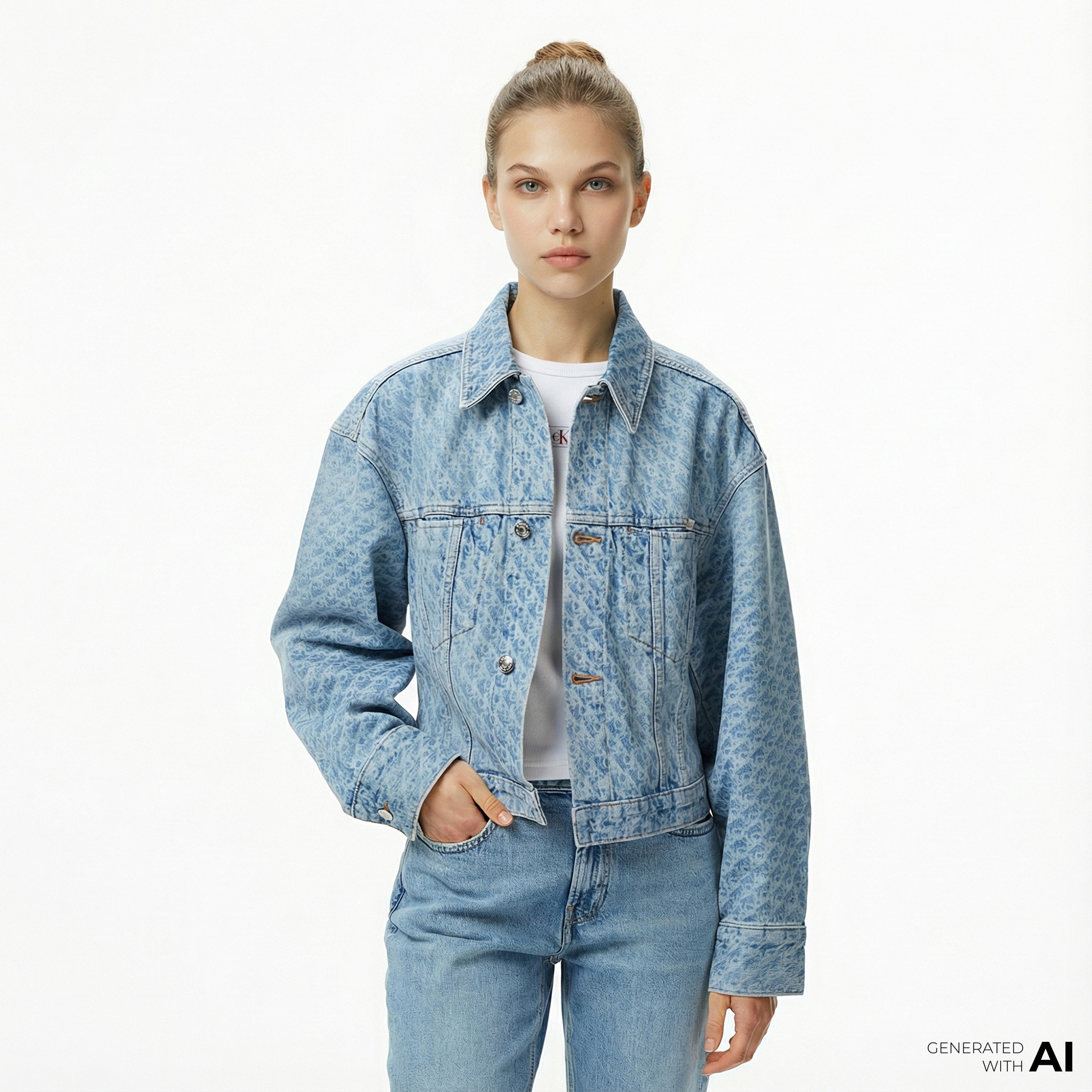  Calvin Klein Cinched Trucker Printed Kadın Mavi Ceket