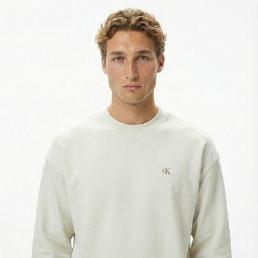  Calvin Klein Premium Terry Monogram Erkek Beyaz Sweatshirt