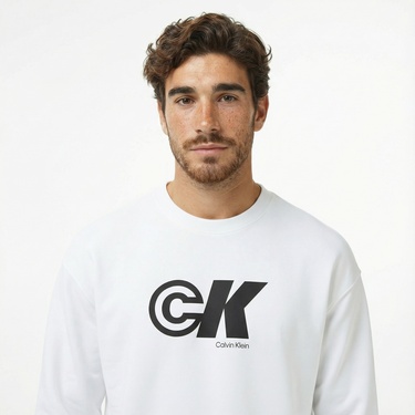  Calvin Klein Premium Terry Sport Graphic Erkek Beyaz Sweatshirt