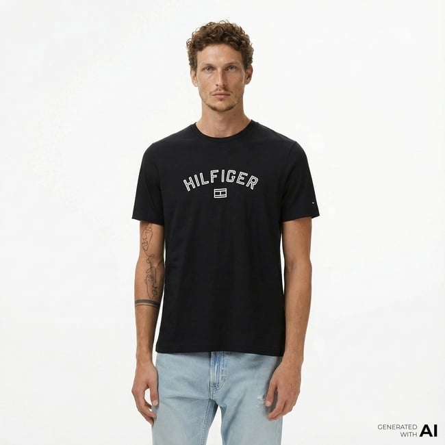  Tommy Hilfiger Flock Varsity Erkek Siyah T-Shirt