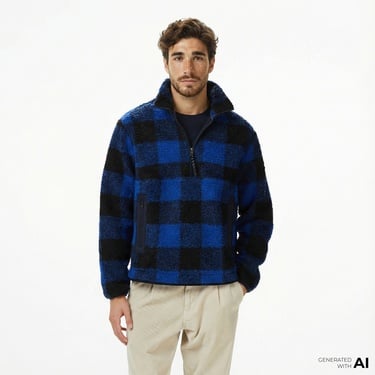  Tommy Hilfiger Teddy Fleece Check Pull Over Erkek Mavi Sweatshirt