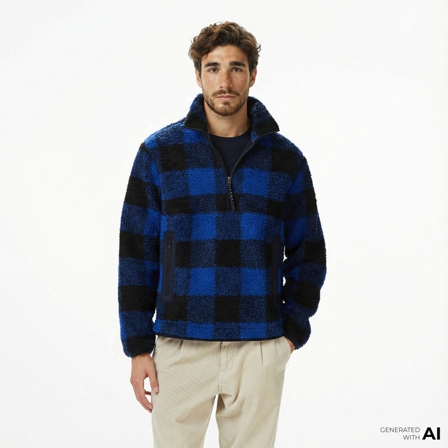  Tommy Hilfiger Teddy Fleece Check Pull Over Erkek Mavi Sweatshirt