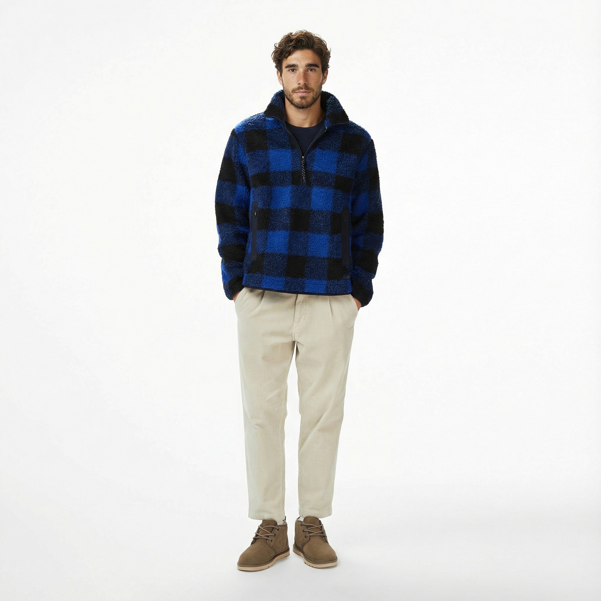 Tommy Hilfiger Teddy Fleece Check Pull Over Erkek Mavi Sweatshirt