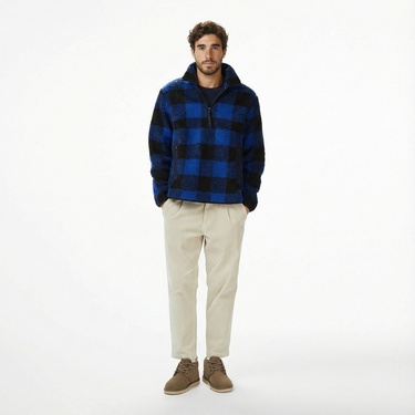  Tommy Hilfiger Teddy Fleece Check Pull Over Erkek Mavi Sweatshirt