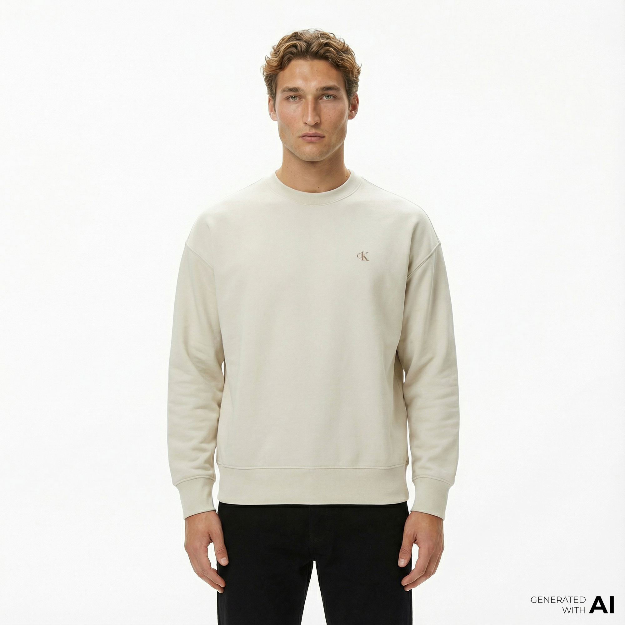  Calvin Klein Premium Terry Monogram Erkek Beyaz Sweatshirt