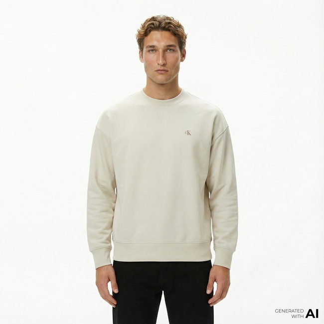  Calvin Klein Premium Terry Monogram Erkek Beyaz Sweatshirt