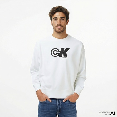  Calvin Klein Premium Terry Sport Graphic Erkek Beyaz Sweatshirt